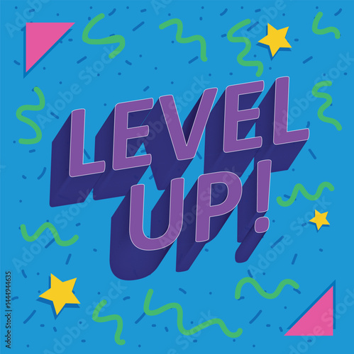 Retro aesthetics of the 1990’s Arcade Rush with Bright electric blue background. Chunky 3D block letters LEVEL UP! in purple.