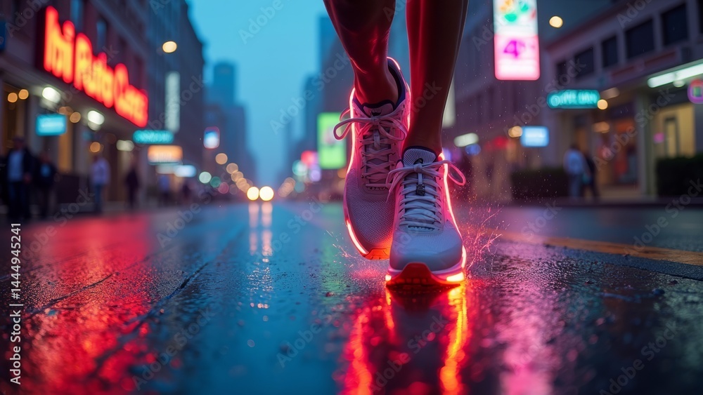 Fototapeta premium Rain Night Street Shoes Light and Shadow