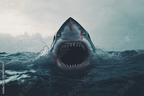 Wallpaper Mural A great white shark emerges from the ocean with its mouth wide open showing its sharp teeth Torontodigital.ca