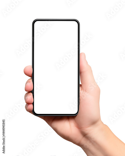 Man hand holding smartphone with blank screen isolated on transparent background