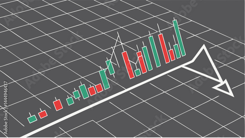Candlestick chart showing market trends with an arrow indicating a downturn on a grid background view