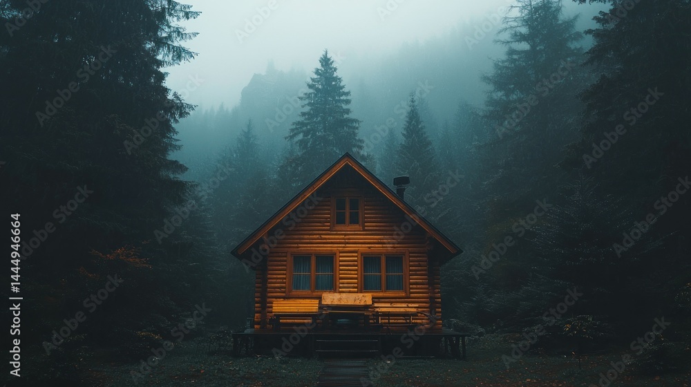 Fototapeta premium A wooden cabin nestled in a foggy forest scene