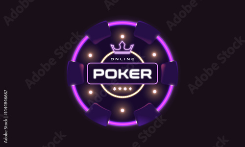 Glowing neon poker chip with a crown and Poker Online sign on a dark futuristic background. Perfect for online casino banners, gaming advertisements, or digital promotions