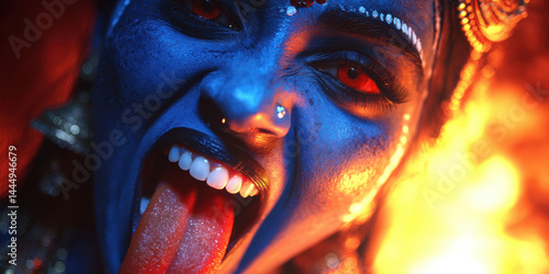 A professional graphic showing blue-skinned kali with fierce expression and flames, ideal for creative, commercial, or editorial purposes.