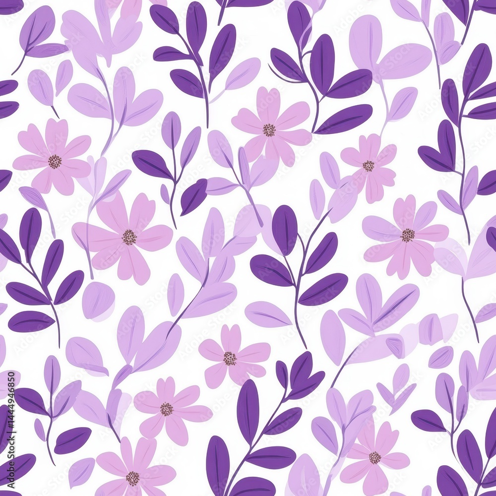 Purple and Pink Floral Pattern with Abstract Leaves on White Background. Purple and Pink Floral Pattern with Abstract Leaves on White Background.