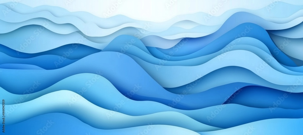 Fototapeta premium Tranquil Blue Paper Waves Abstract Background, Layered, Nature, Design, Papercraft Art