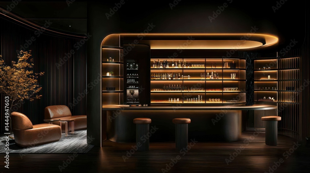 Fototapeta premium A luxurious and elegant bar space with seating and display shelves