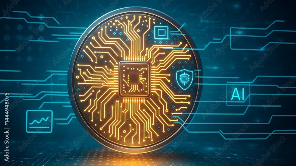 Golden Circuit Coin with Digital Interface and AI Icons Representing Smart Processing, Tech Currency and Data Security System


