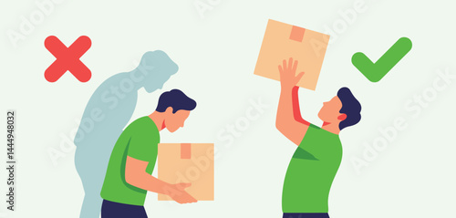 Correct and Incorrect Ways to Lift a Box Safety Guide Illustration