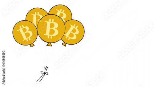 Illustration of a bunch of bitcoin balloons tied together floating upwards in a whimsical design style