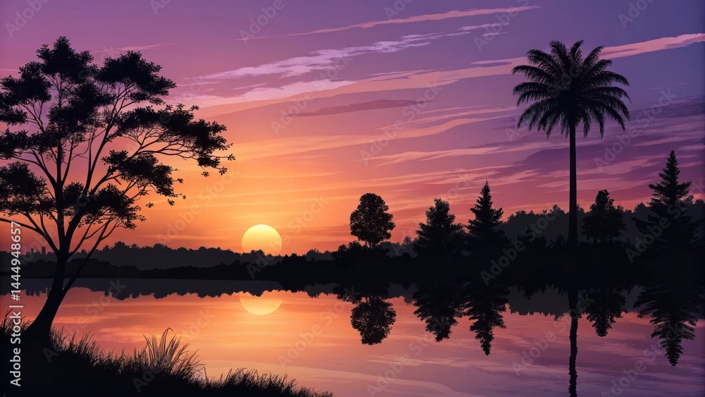 Obraz premium Serene lake sunset with tree silhouettes and reflections creating tranquil scene