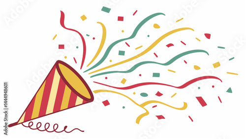 Illustration of a party popper with red and yellow stripes releasing confetti and streamers in celebration