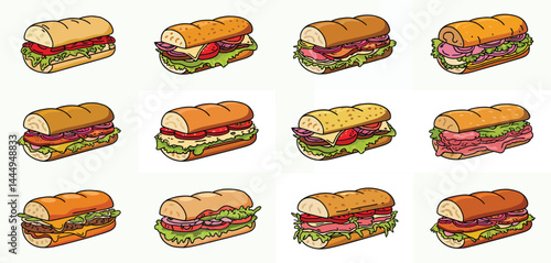 Twelve Delicious Sub Sandwiches Illustration Set