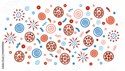 An abstract arrangement of circular, spiral, and star shapes in red, blue, and pink colors on white