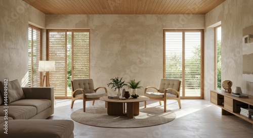 Bright living room with sofa  chairs  and round table near shuttered windows