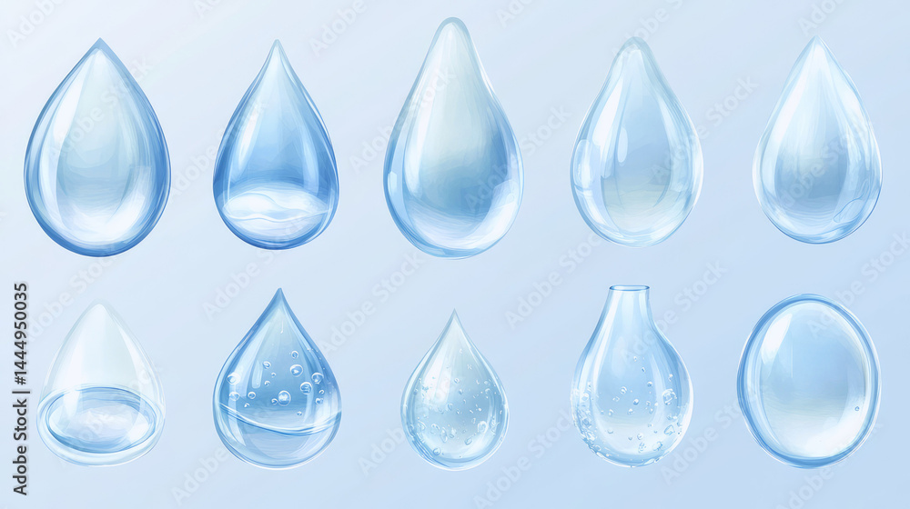 Various Transparent Water Droplets with Different Shapes and Effects Displayed on a Soft Blue Background for Graphic Design and Creative Projects
