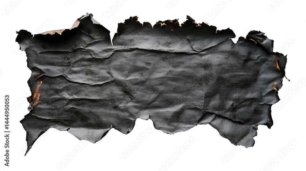 Crumpled Black Paper with Burnt Edges on Isolated Background for Creative and Unique Design Projects, Vintage or Antique Themed Artwork
