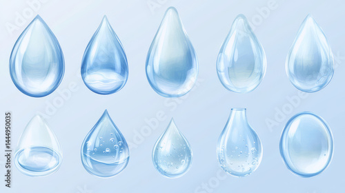 Obraz na płótnie Various Transparent Water Droplets with Different Shapes and Effects Displayed on a Soft Blue Background for Graphic Design and Creative Projects w salonie