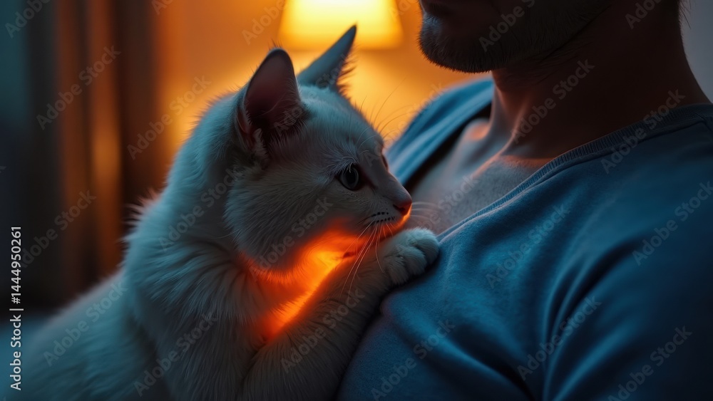 Man is holding a white cat that is looking at him. The cat is sitting on the man's chest