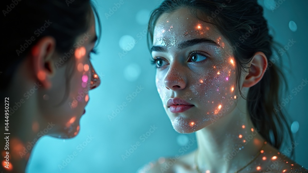 Woman with a face covered in glitter. The glitter is in the form of stars and is scattered all over her face