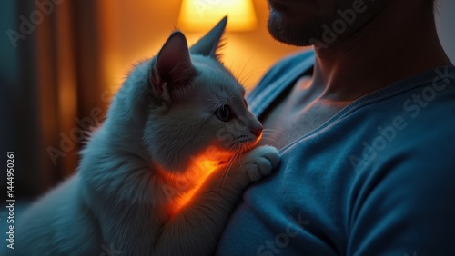 Obraz na płótnie Man is holding a white cat that is looking at him. The cat is sitting on the man's chest w salonie