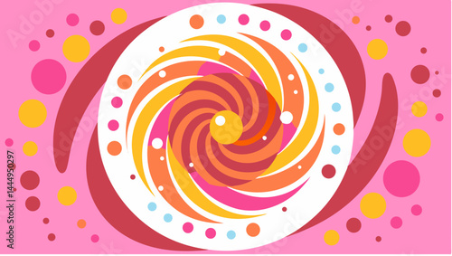 A colorful swirl design with concentric shapes and dots against a pink background with abstract elements