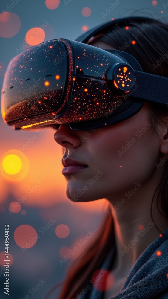 Woman wearing a virtual reality headset is looking at a bright orange sky. The scene is set in a dark room with a bright orange background