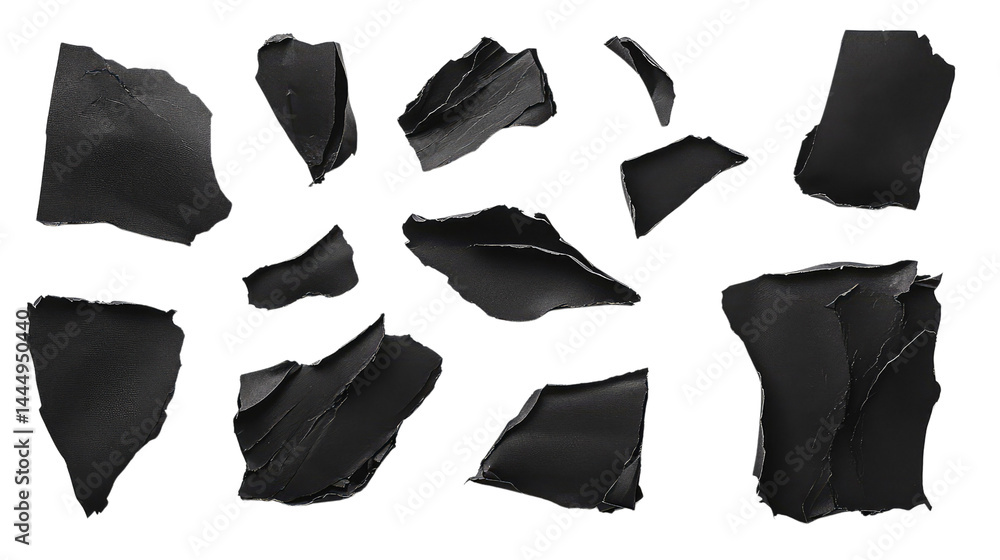 Textured Black Torn Paper Pieces on a Transparent Background Perfect for Backgrounds and Graphic Design Projects