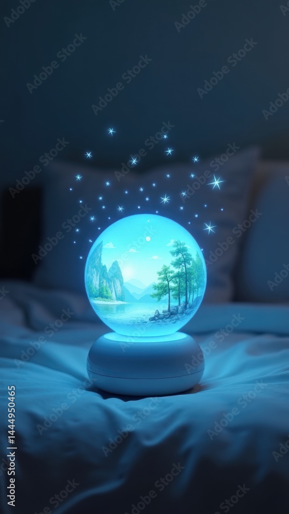 Blue glass globe with a landscape inside of it. The landscape is a forest with a river and mountains in the background. The globe is lit up