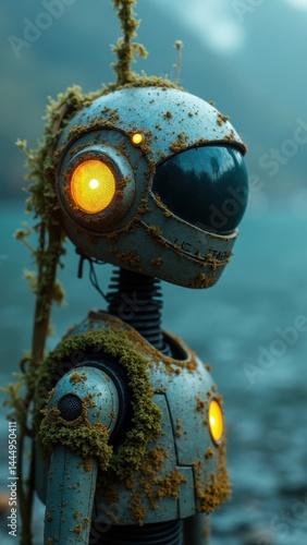 Obraz na płótnie Robot with a helmet and a yellow light on it is standing in front of a body of water w salonie