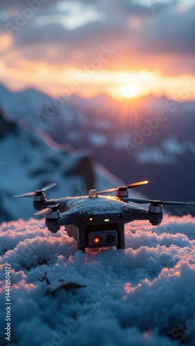 Small drone is sitting on top of a snowy mountain. The sun is setting in the background, casting a warm glow over the scene