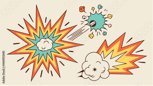 Three comic style explosions with radial bursts and cloud puffs on a cream colored background