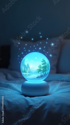 Obraz na płótnie Blue glass globe with a landscape inside of it. The landscape is a forest with a river and mountains in the background. The globe is lit up w salonie