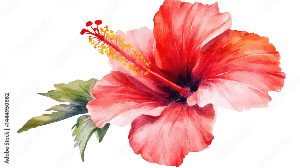 Vibrant and Elegant Hibiscus Flower Illustrated in Watercolor Style, Perfect for Use in Tropical Themes, Invitations, and Decorative Arts