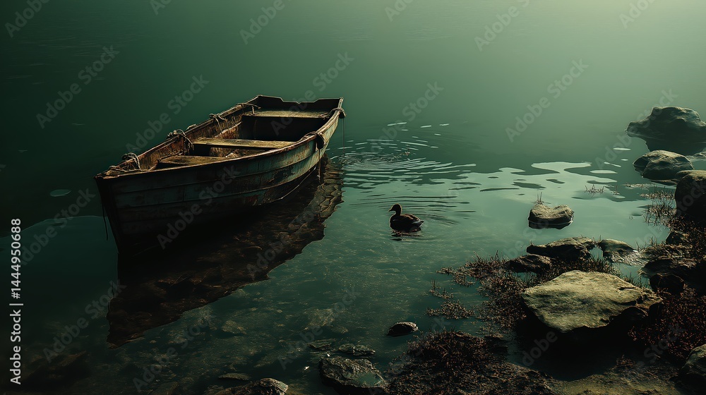 Obraz premium Abandoned wooden boat, serene water setting, foggy atmosphere, emphasizes solitude and nature's beauty, ideal for tranquil themes.