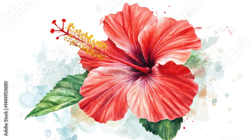 Obraz na płótnie Vibrant Red Hibiscus Flower on a Colorful Background Highlighting the Beauty of Nature and Floral Artistry in an Artistic Watercolor Style for Home Decor w salonie