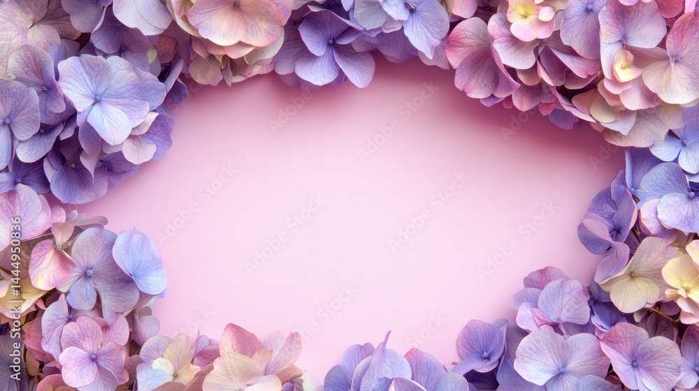 Fototapeta premium Pink background, purple hydrangea frame, floral border, greeting card design