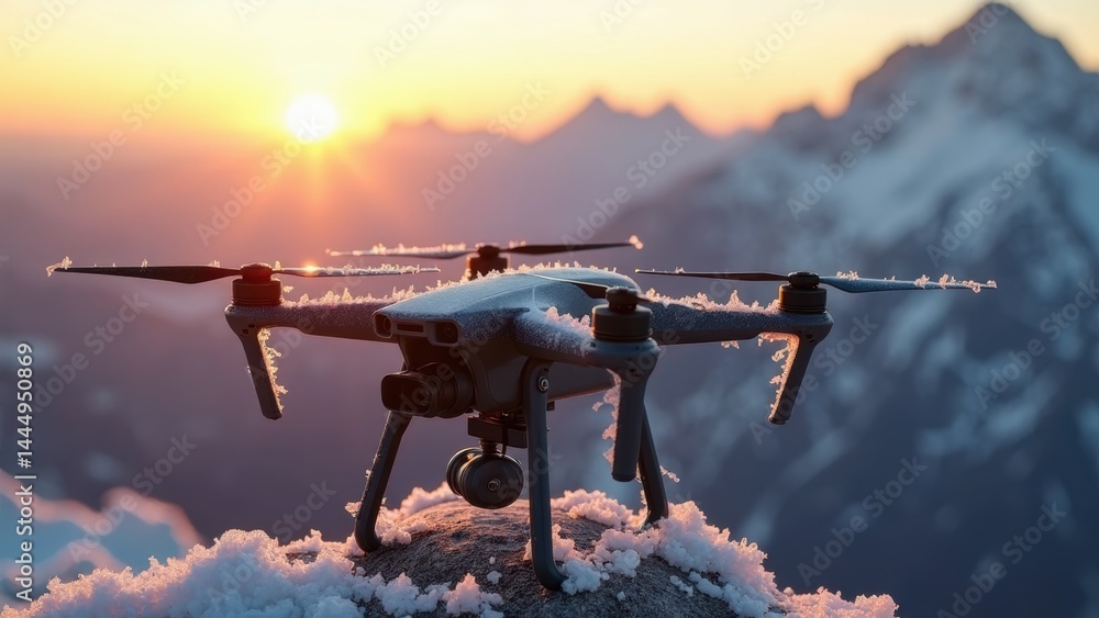 Drone is sitting on a snowy mountain peak with the sun setting in the background. The drone is covered in snow and he is frozen in time