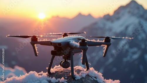 Obraz na płótnie Drone is sitting on a snowy mountain peak with the sun setting in the background. The drone is covered in snow and he is frozen in time w salonie