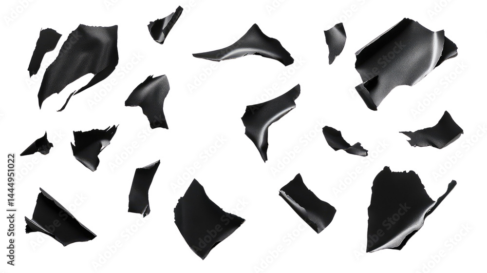 Abstract Composition of Floating Shiny Black Fabric Pieces Isolated on a Transparent Background Representing Movement and Elegance in Design Concepts