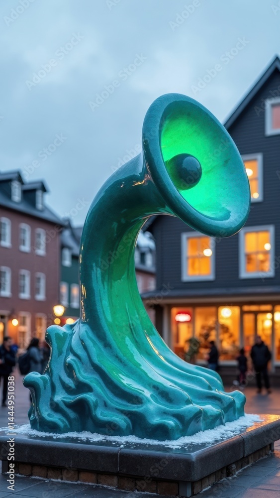 Large green sculpture of a wave with a green speaker on top of it. The sculpture is surrounded by people and buildings