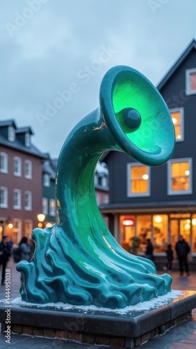 Obraz na płótnie Large green sculpture of a wave with a green speaker on top of it. The sculpture is surrounded by people and buildings w salonie