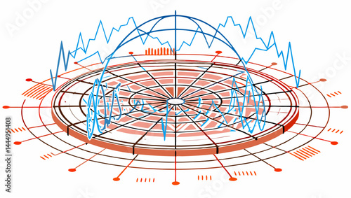 Circular platform with radial grid lines and blue wave patterns above and around the structure