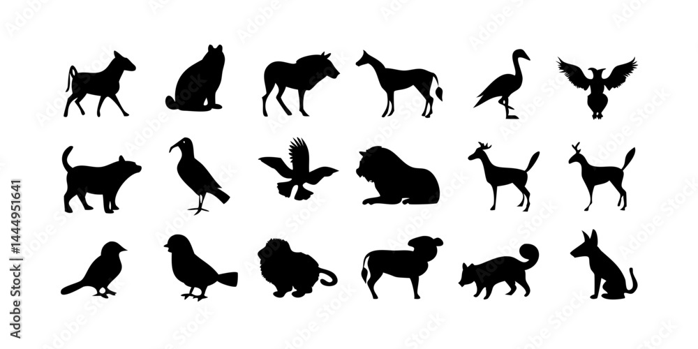 Fototapeta premium Silhouettes of wild animals in various poses. Collection of black animal shapes including lion, elephant, deer, bear, and bird in standing and walking positions for nature and wildlife design themes.