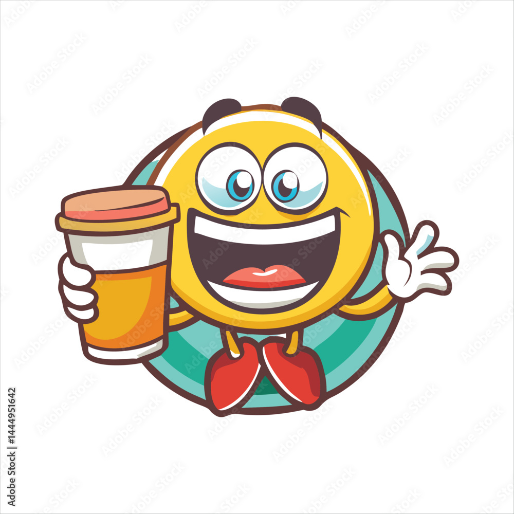 Naklejka premium Vector logo design template and graphic elements for advertising, branding, posters and banners, funny cartoon illustrations with smiling character, coffee cup mascot, print and sticker