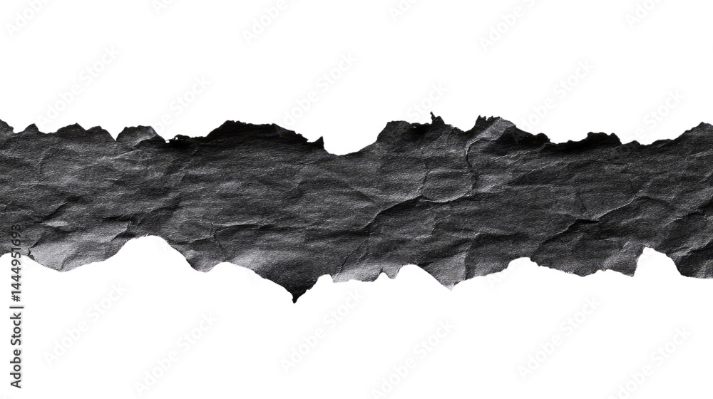 Torn black textured paper strip on a transparent background ideal for graphic design, backgrounds, and artistic projects showcasing creativity and style.