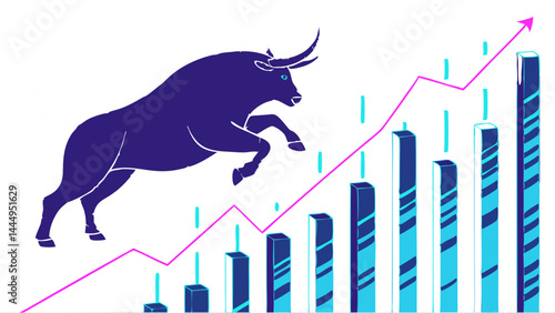 Illustration of a bull jumping over an upward trending graph with rising blue bar charts shown