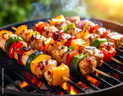 Szaszłyki z kurczakiem i warzywami piekące się na grillu