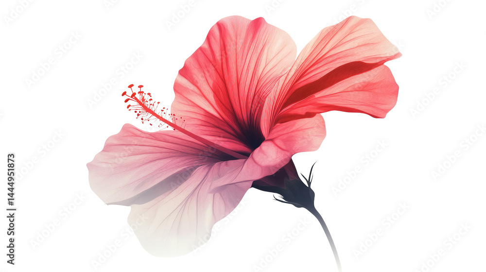 Stunning close-up of a vibrant pink hibiscus flower showcasing delicate petals and intricate details, perfect for botanicals, nature, and floral designs in various projects.