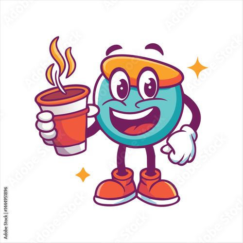 Vector logo design template and graphic elements for advertising, branding, posters and banners, funny cartoon illustrations with smiling character, coffee cup mascot, print and sticker